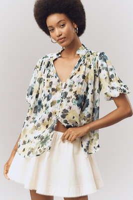 The Estela Short-Sleeve Sheer Printed Blouse