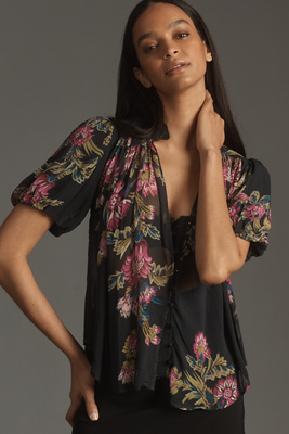 By Anthropologie The Estela Sheer Printed Blouse: Short-sleeve Edition In Purple