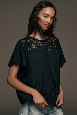 Shop By Anthropologie Short-sleeve Cutwork Lace-yoke Blouse In Black