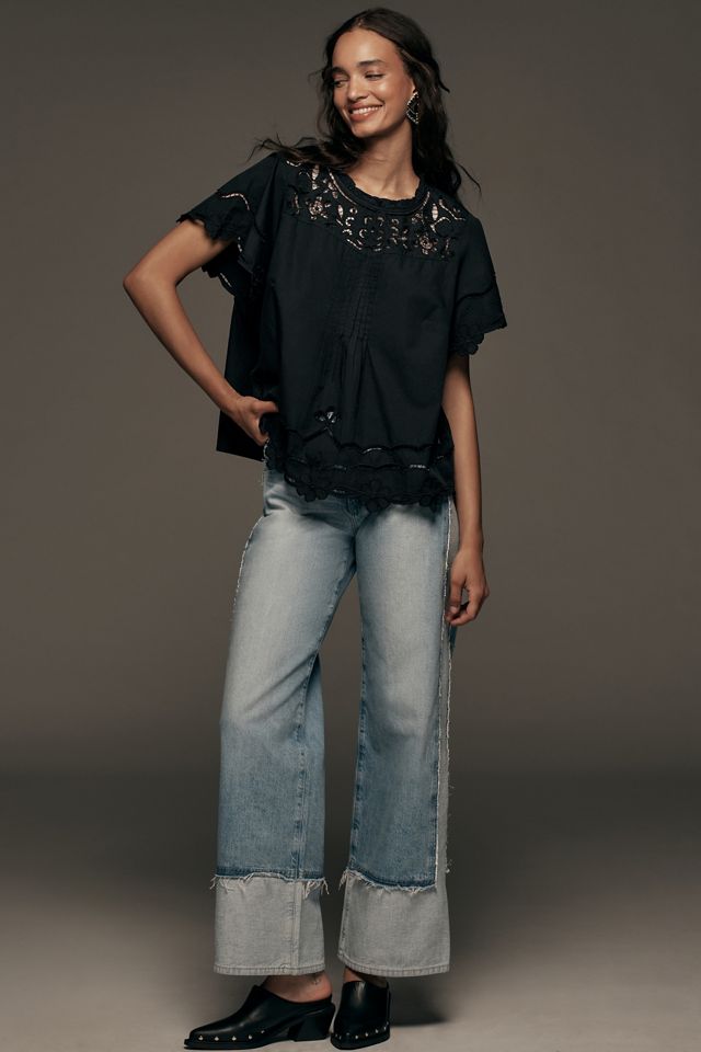 By Anthropologie Short-Sleeve Cutwork Lace-Yoke Blouse | Anthropologie