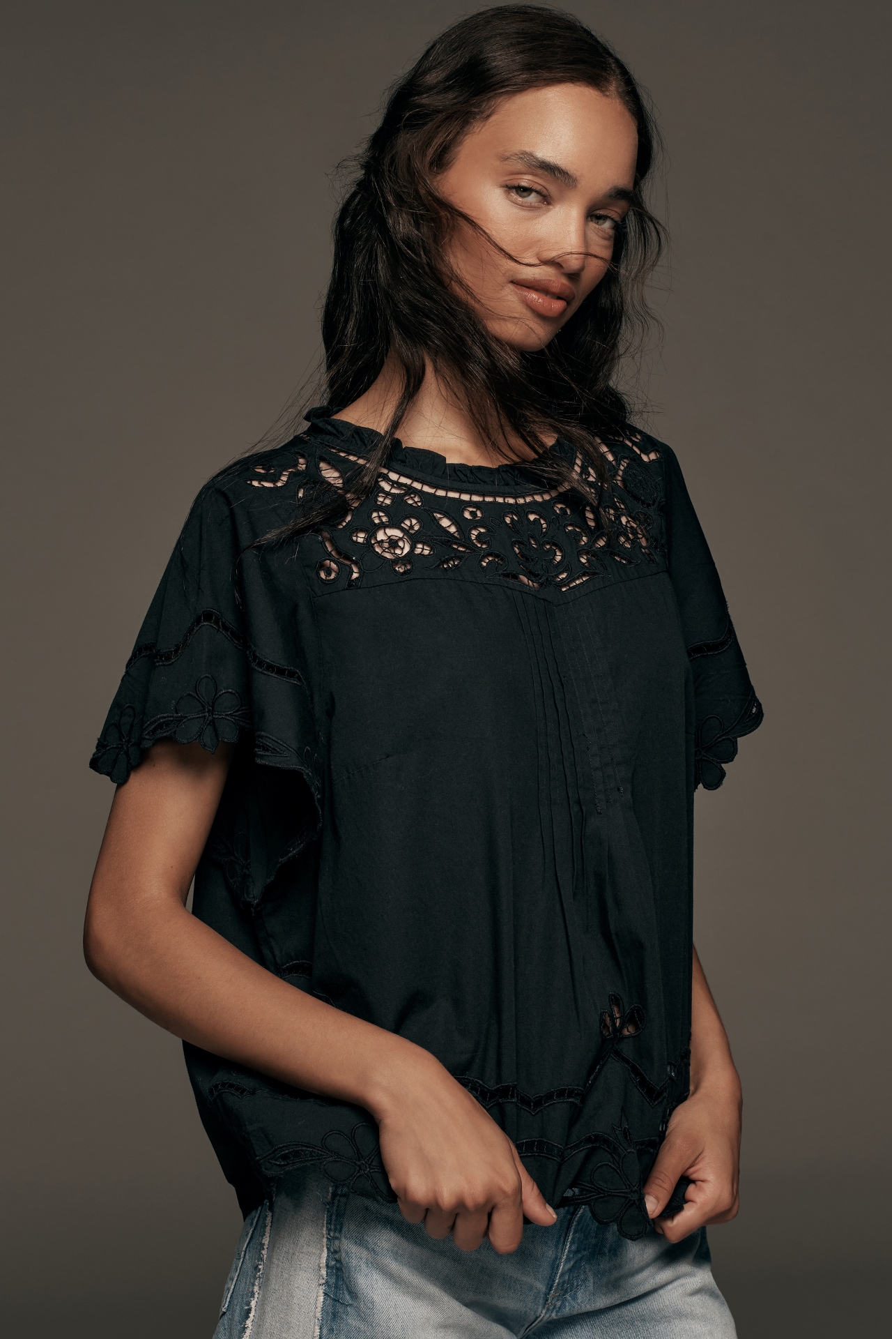 By Anthropologie Short-Sleeve Cutwork Lace-Yoke Blouse