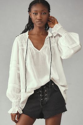 Shop By Anthropologie Long-sleeve Airy Babydoll Blouse In White