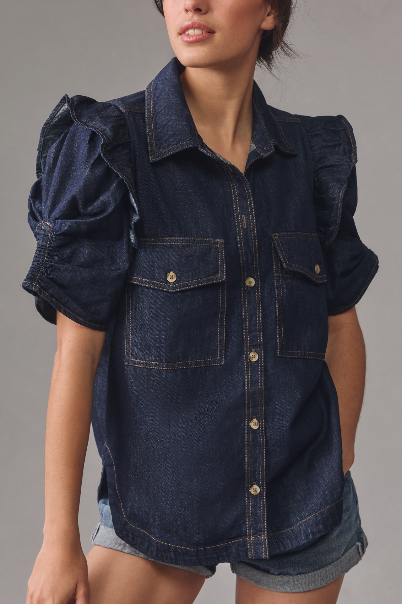 Pilcro Ruffle-Sleeve Denim Buttondown Shirt