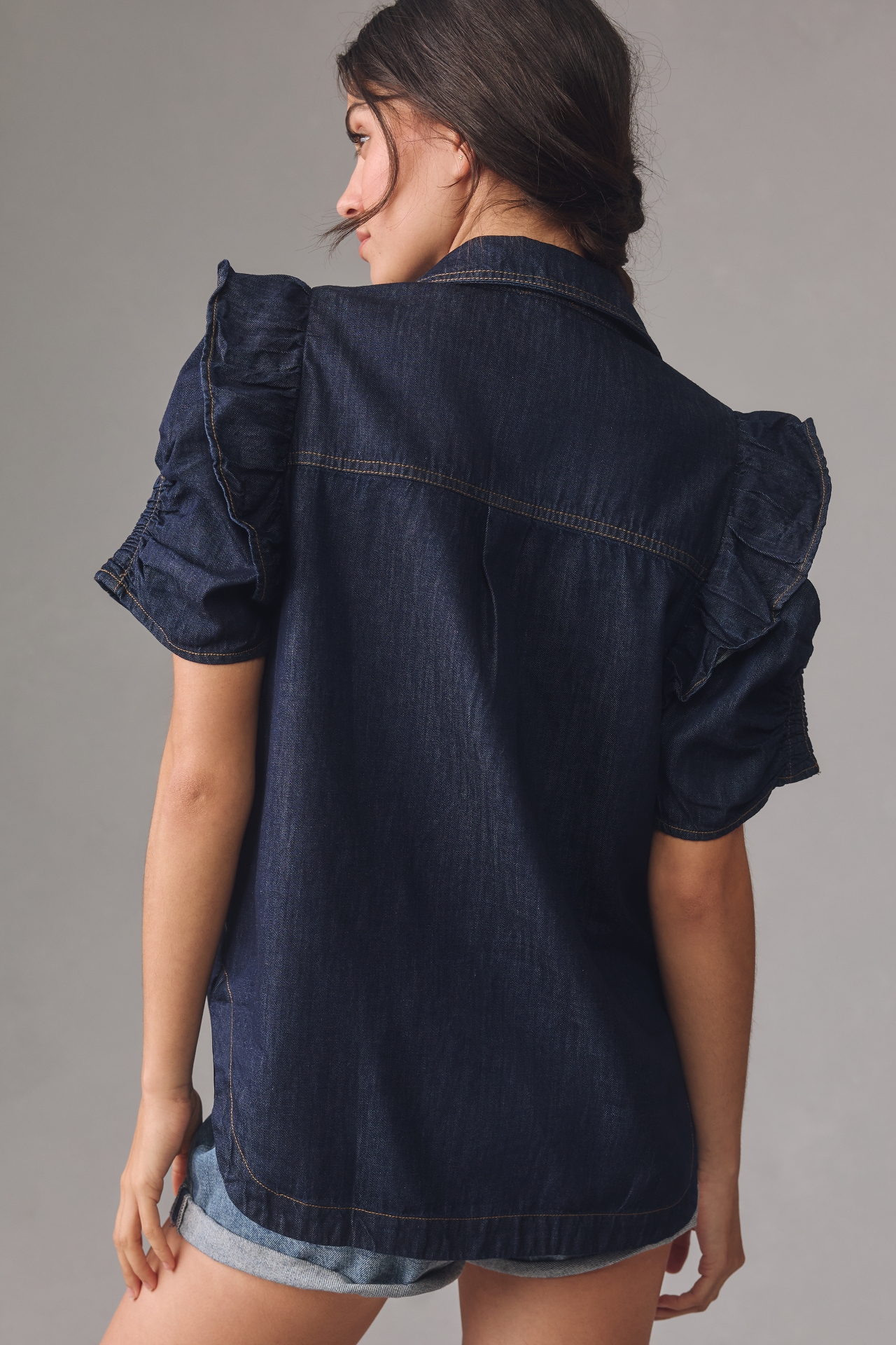 Pilcro Ruffle-Sleeve Denim Buttondown Shirt