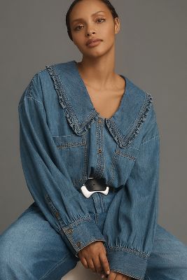 Shop Pilcro Frill-collar Denim Buttondown Shirt In Blue