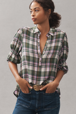 The Tallulah Puff-Sleeve Plaid Buttondown Top by Pilcro product page