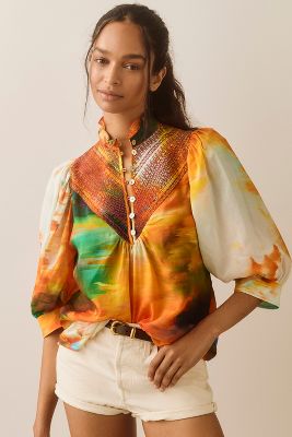 Shop Hope For Flowers By Tracy Reese Smocked Linen Shirt Top In Multicolor