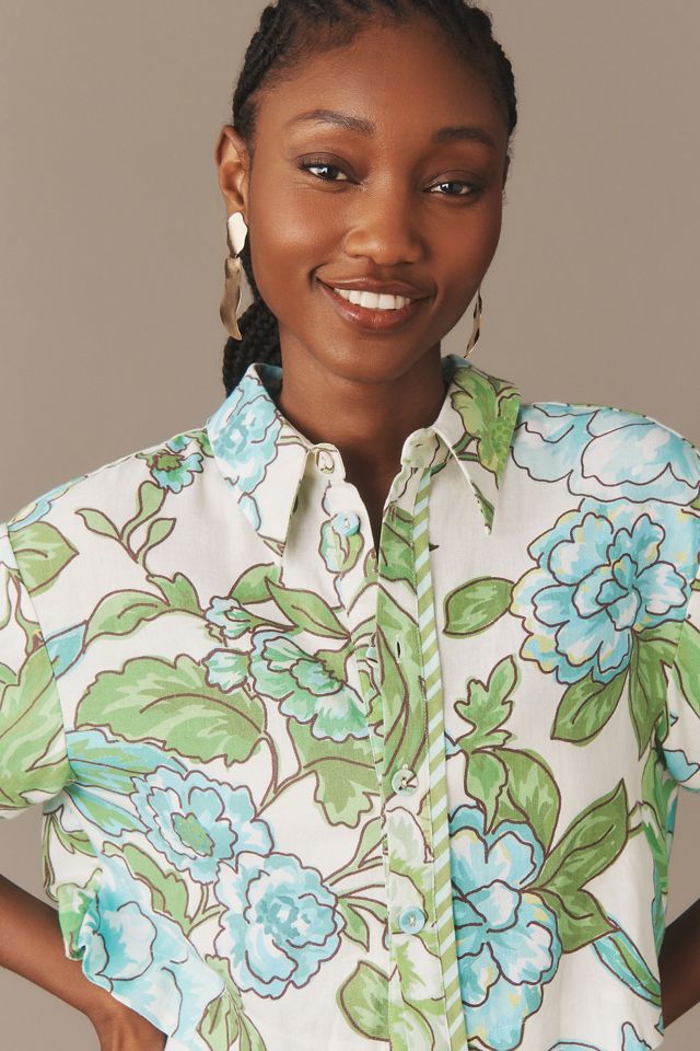 La Maise Studio Vera Short-Sleeve Linen Buttondown Shirt #3