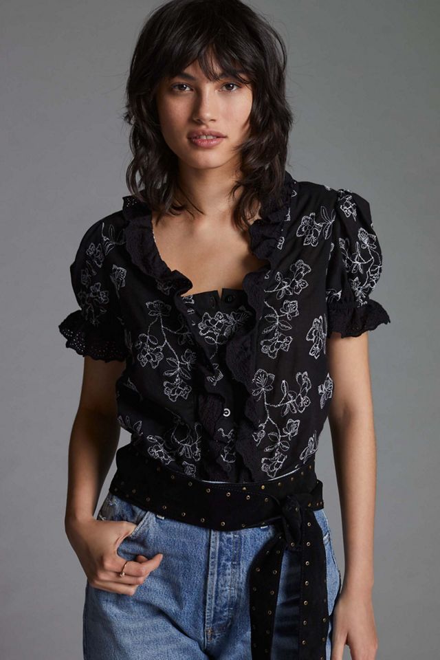 Embroidered Ruffled Blouse Anthropologie