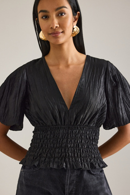 By Anthropologie Puff-Sleeve Shirred Waist Blouse