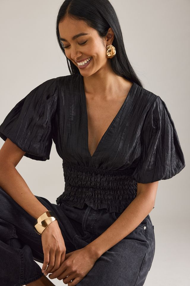 By Anthropologie Puff-Sleeve Shirred Waist Blouse #3