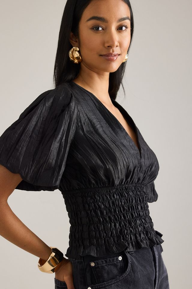 By Anthropologie Puff-Sleeve Shirred Waist Blouse #4