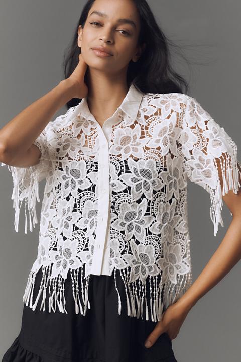 Walter Baker Ollie Short-Sleeve Lace Fringe Top