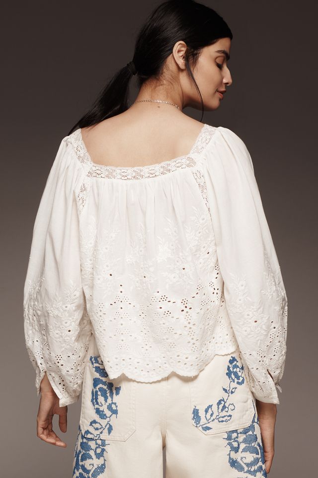 Mille Maureen Long-Sleeve Square-Neck Eyelet Blouse #1