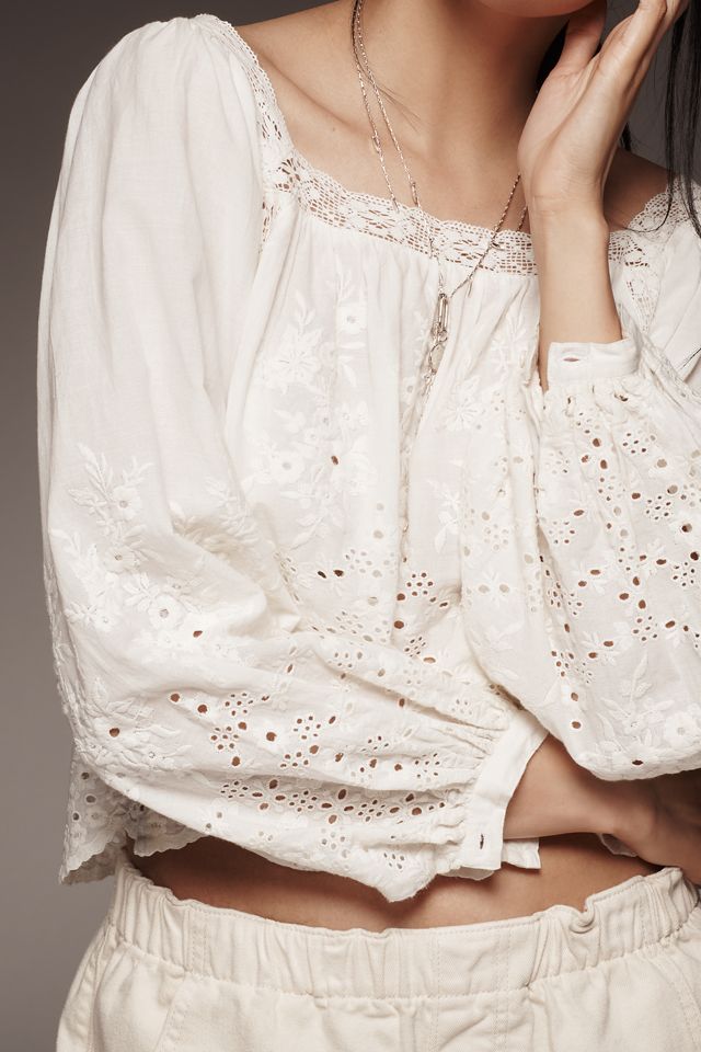 Mille Maureen Long-Sleeve Square-Neck Eyelet Blouse #2