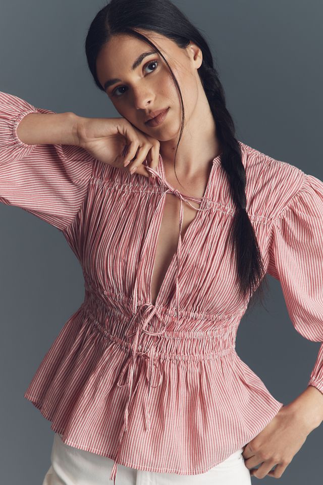 Mille Ella Tie-Front Gathered Long-Sleeve Blouse #3