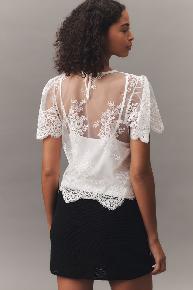 By Anthropologie Short-Sleeve Sheer Lace Top #1