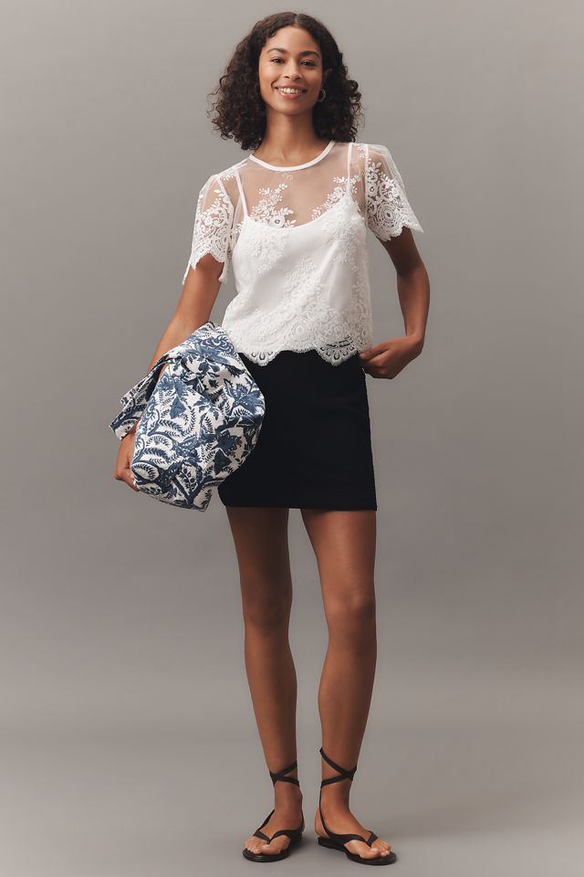 By Anthropologie Short-Sleeve Sheer Lace Top #2