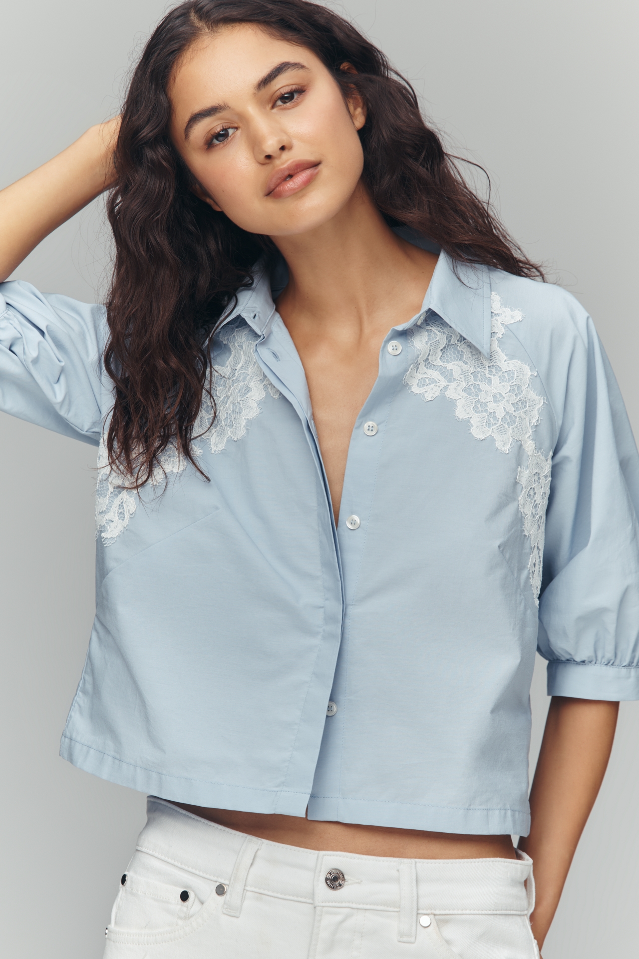 Maeve Lace Half-Sleeve Crop Buttondown Shirt