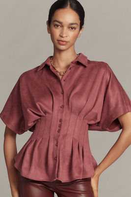 Exquise Tobie Waisted Button-down Shirt Top In Burgundy