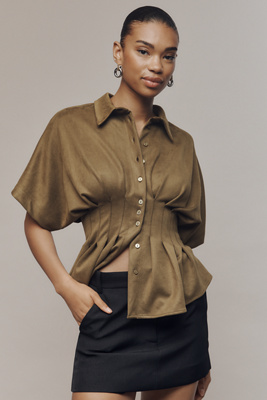 Exquise Tobie Waisted Button-down Shirt Top In Brown