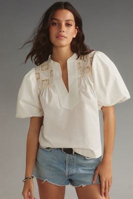 Shop By Anthropologie Puff-sleeve Crochet Blouse In White