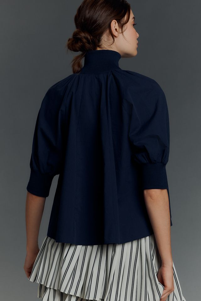 Maeve Half-Zip Puff-Sleeve Sporty Henley Blouse #1