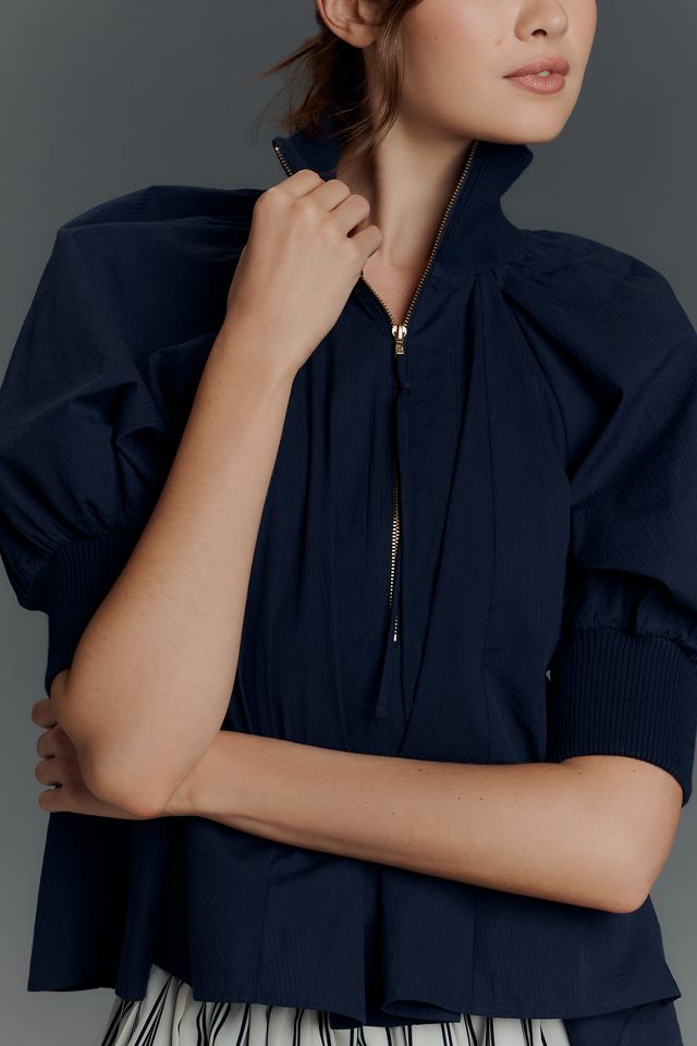 Maeve Half-Zip Puff-Sleeve Sporty Henley Blouse #2
