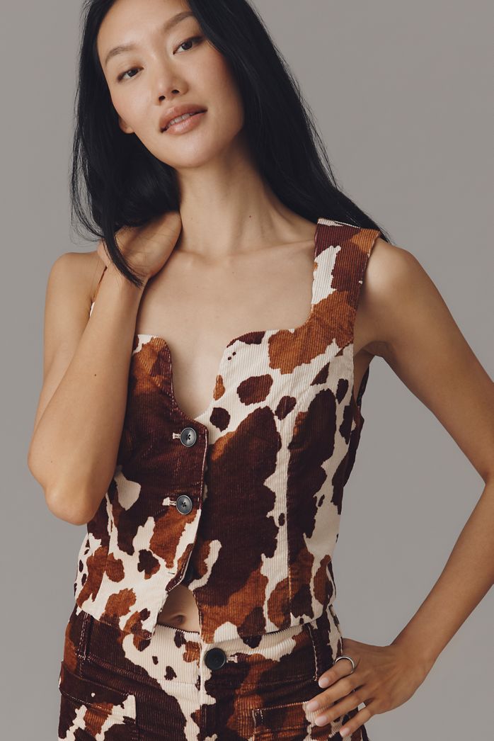 Maeve Cow Print Button-Front Vest