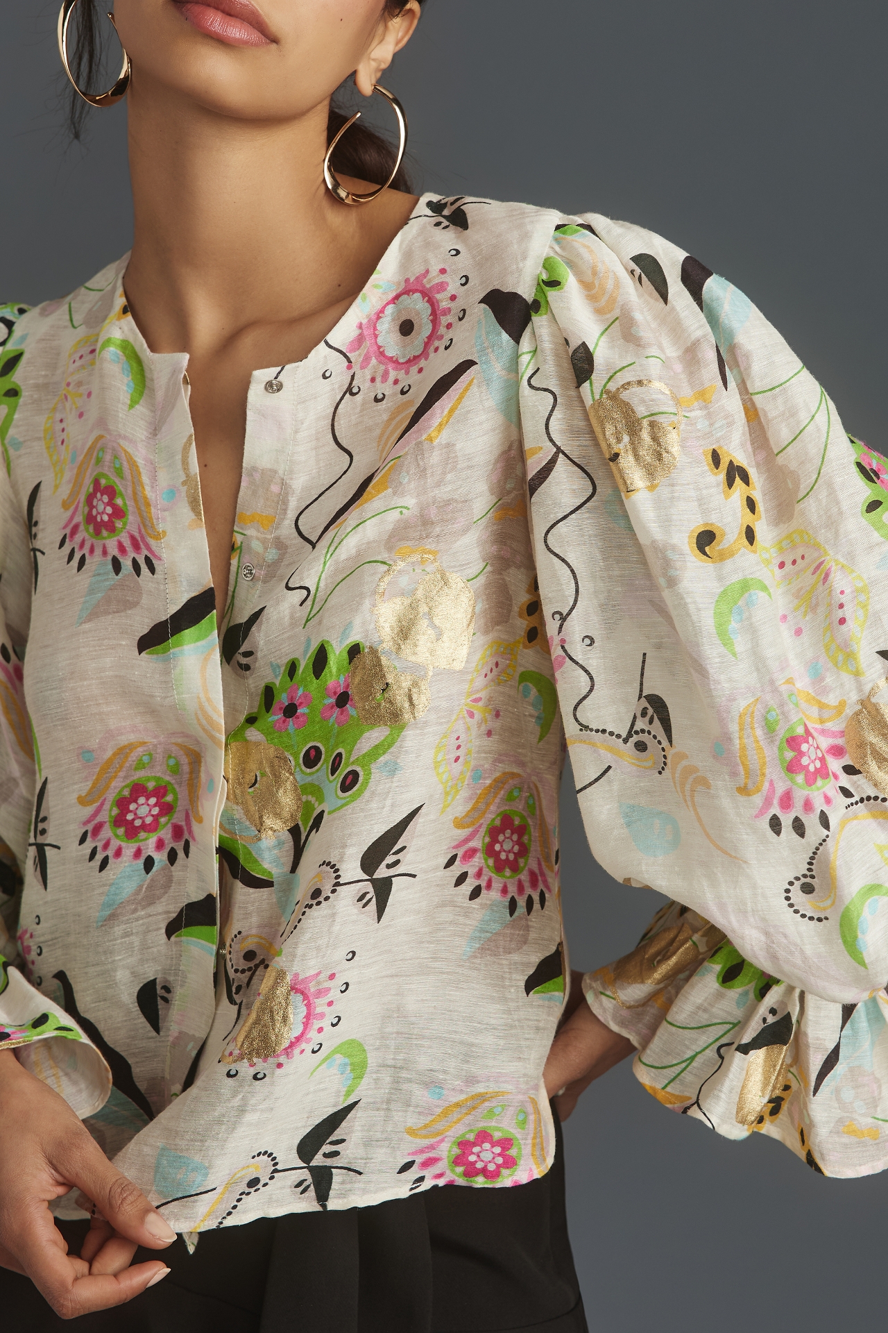 Cynthia Rowley Long-Sleeve Linen Silk Blouse