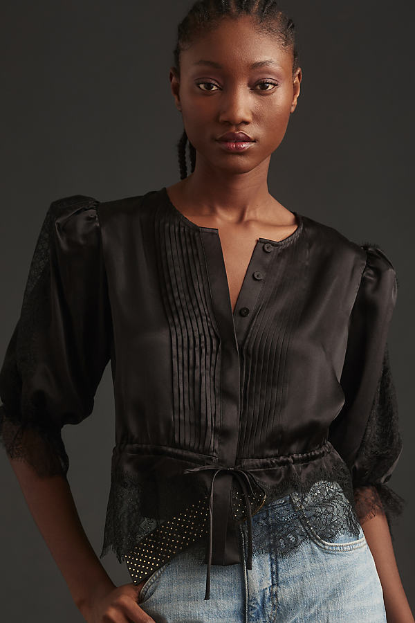 Shop Cynthia Rowley Puff-sleeve Lace Silk Blouse In Black