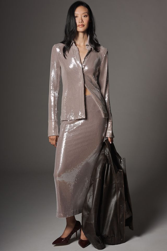 Elodie Long-Sleeve Sequin Buttondown Shirt #1