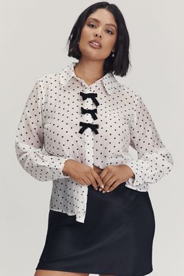 Eloquii Plus Long-Sleeve Polka Dot Bow Blouse