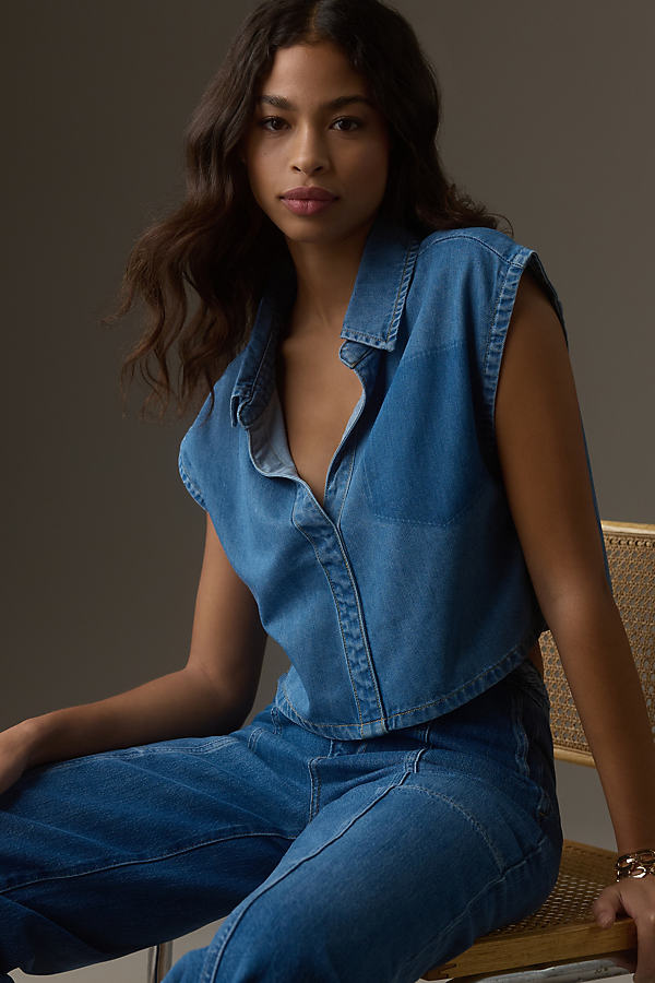 MABLE Sleeveless Collared Denim Shell Top