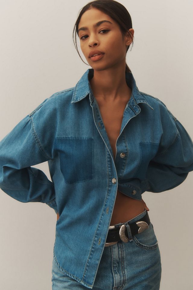 MABLE Long-Sleeve Burnout Pocket Denim Buttondown Shirt #3