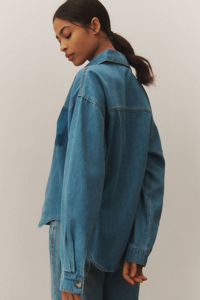 MABLE Long-Sleeve Burnout Pocket Denim Buttondown Shirt #4