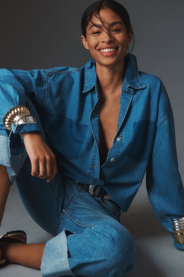 MABLE Long-Sleeve Burnout Pocket Denim Buttondown Shirt #5