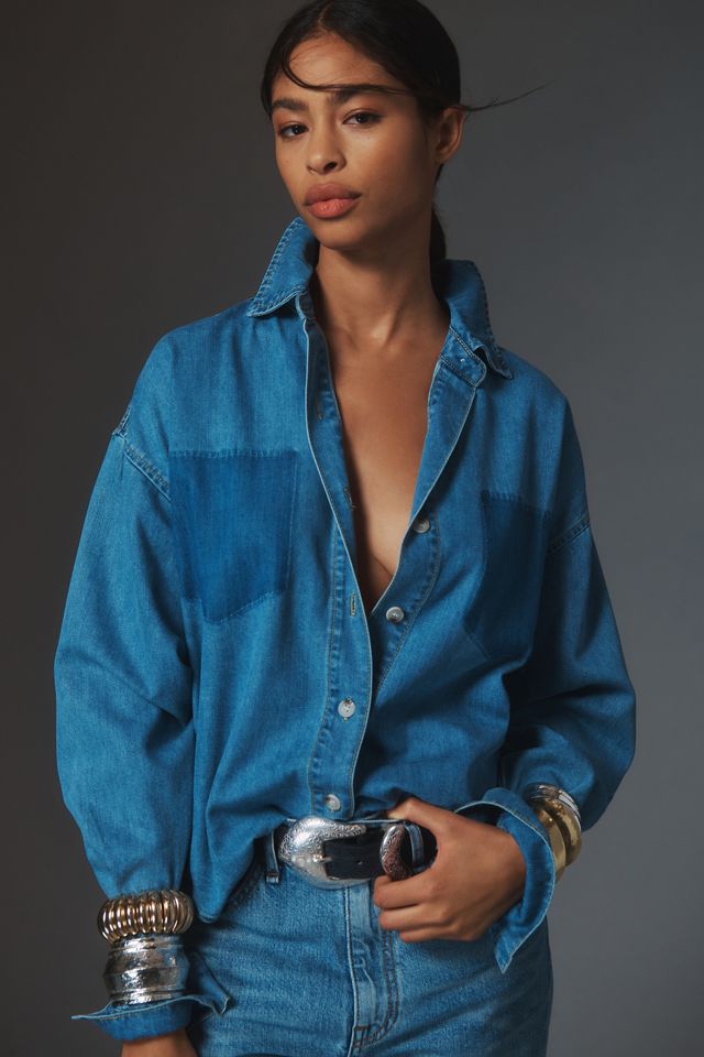 MABLE Long-Sleeve Burnout Pocket Denim Buttondown Shirt