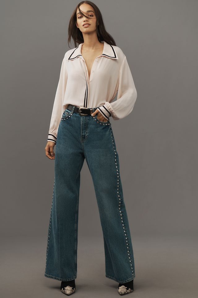 Ollari Stripe Detail Blouson-Sleeve Blouse #3