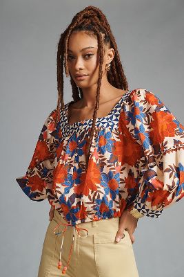 Farm Rio x Anthropologie Printed Square-Neck Puff-Sleeve Blouse ...