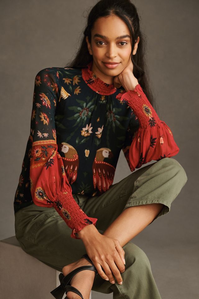 Farm Rio LongSleeve Smocked Blouse Anthropologie