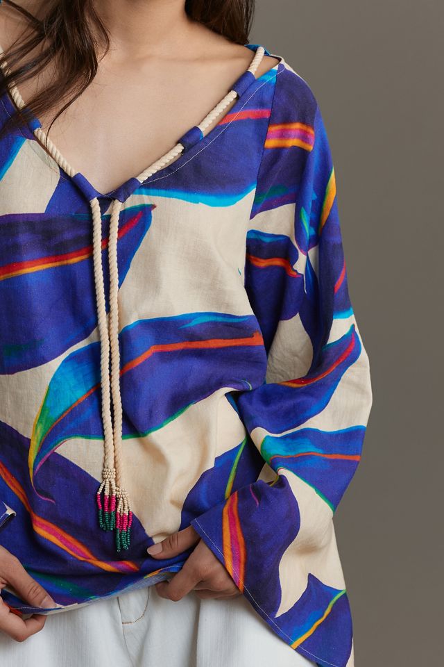 Farm Rio Long-Sleeve Rope-Tie Linen Blouse | Anthropologie