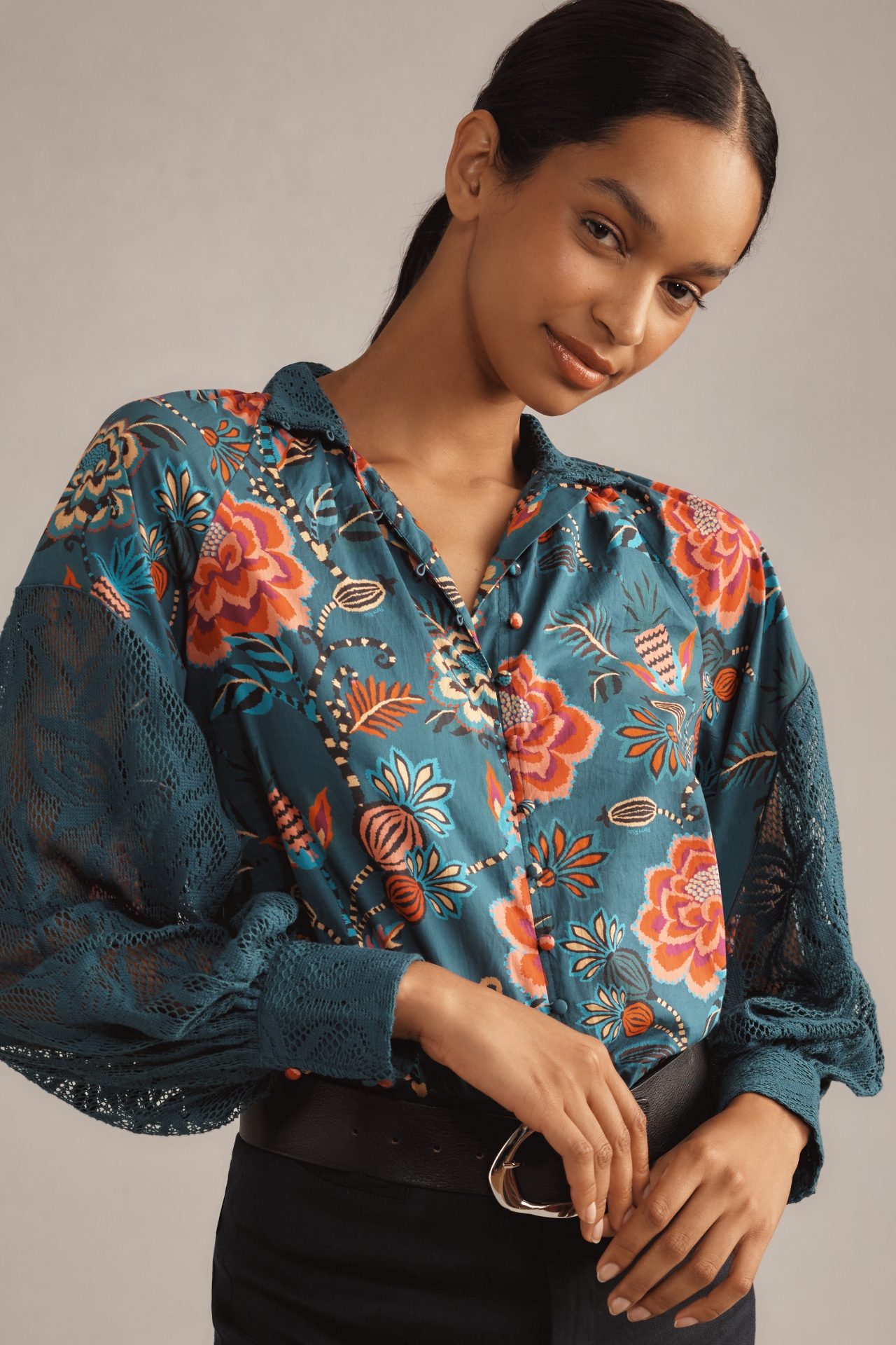 Farm Rio Long-Sleeve High-Neck Peasant Blouse