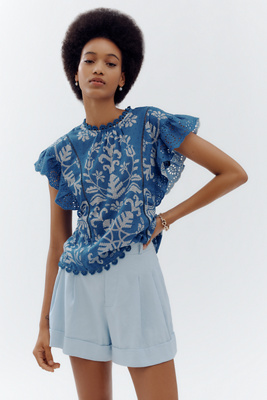 Shop Farm Rio X Anthropologie Short-sleeve Printed Blouse In Blue