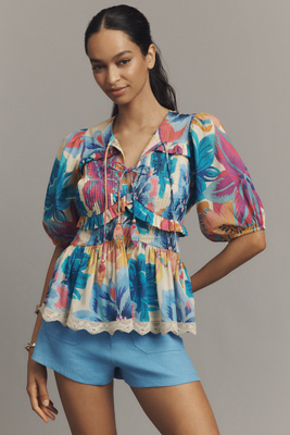 Shop Farm Rio X Anthropologie Puff-sleeve Tie-front Blouse