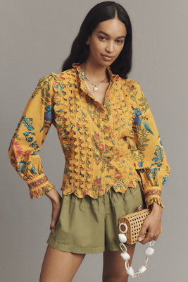 Farm Rio X Anthropologie Puff-sleeve Ruched Blouse
