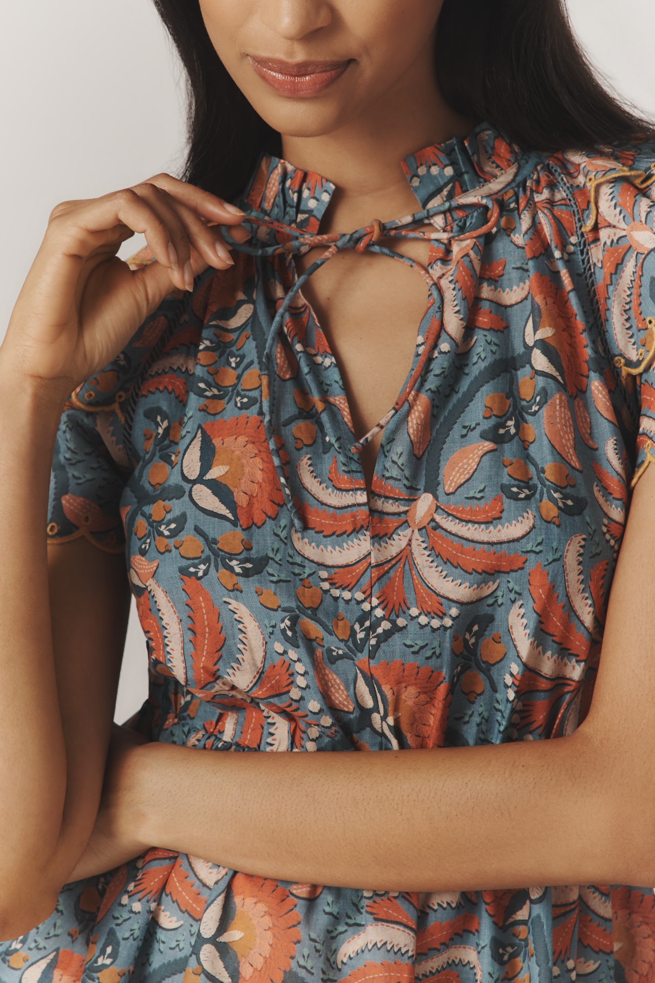 Farm Rio x Anthropologie Printed Richelieu High-Neck Short-Sleeve Ruffle Blouse
