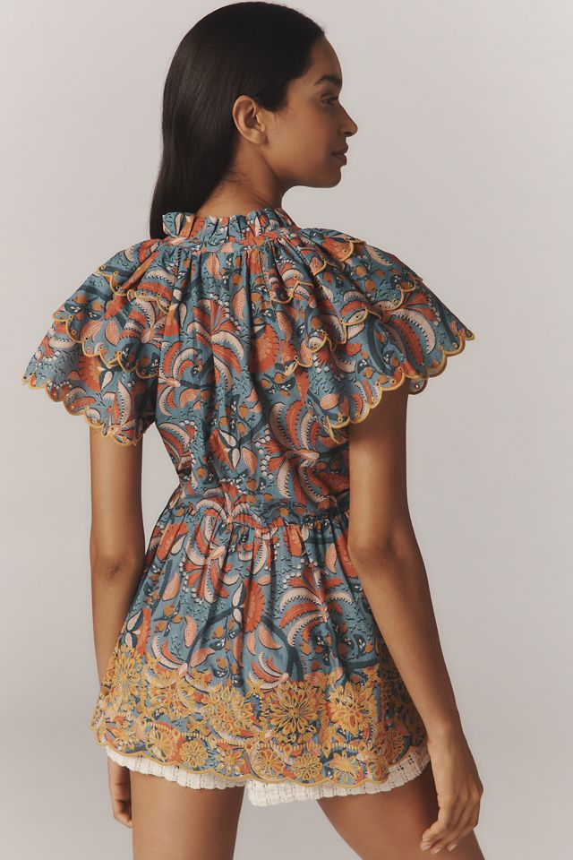 Farm Rio x Anthropologie Printed Richelieu High-Neck Short-Sleeve Ruffle Blouse #3