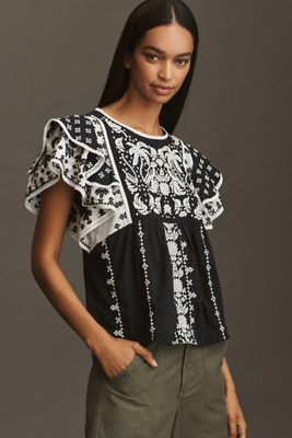Farm Rio X Anthropologie Flutter-sleeve Top In Black