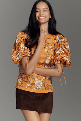 Farm Rio X Anthropologie Short-sleeve Ruched Blouse In Multi